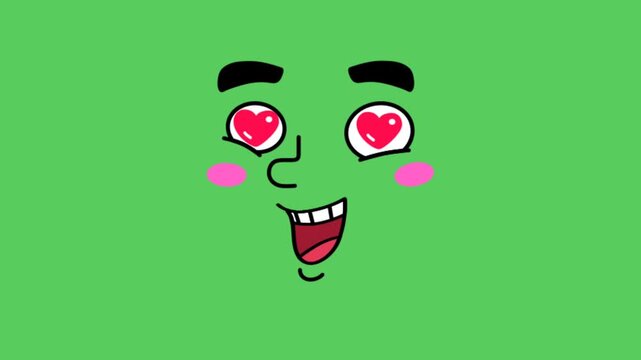 Animation cartoon faces showing emotions showing love on green background.
