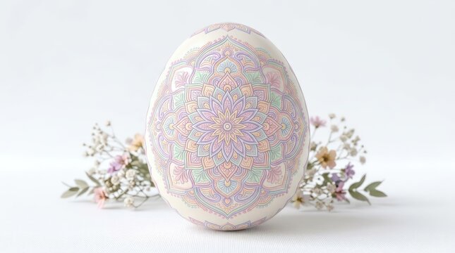Elegant Easter Egg Decorated with Intricate Pastel Mandala Pattern and Flowers on White Background