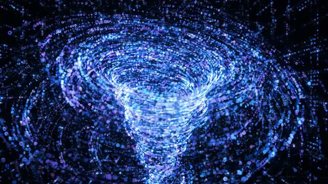 Digital tornado vortex swirling with glowing blue particles and binary code in dynamic digital swirl creating mesmerizing futuristic technology effect