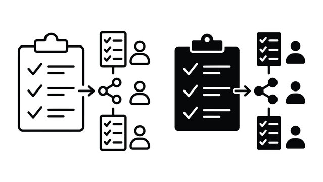 Task delegation and team workflow management icons with delegation, workflow