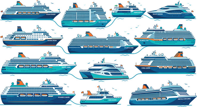 Modern cruise ship vessel flat icon collection, various ocean liner boats isolated on white background