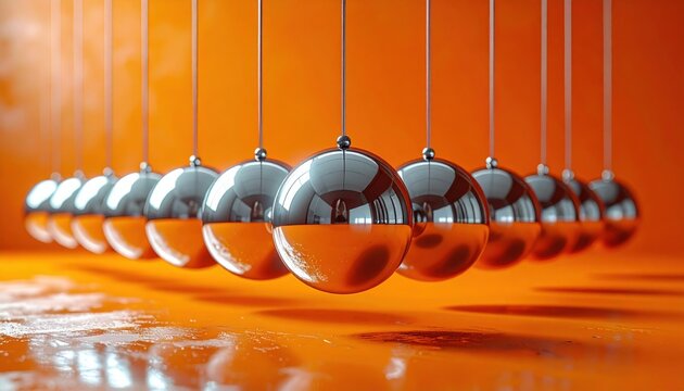 Wide angle view of Newton Cradle demonstrating physics and kinetic energy concept