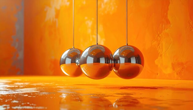 Newtons cradle with three chrome balls showing impact and energy transfer against vibrant orange studio background