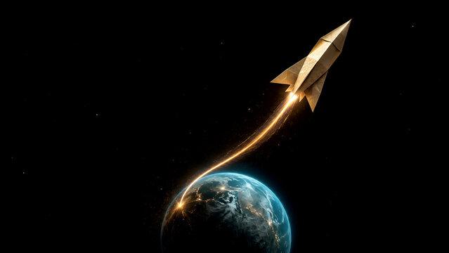 Golden origami paper rocket launching from Earth into outer space