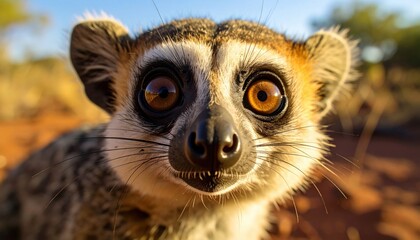 Naklejka premium Portrait of a lemur with large eyes in a natural habitat under warm sunlight at golden hour