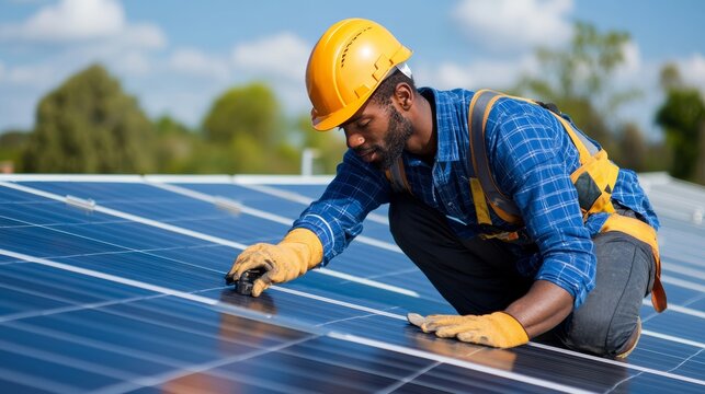Solar Panel Installation: A focused technician wearing a hard hat and safety vest works diligently on a solar panel installation, highlighting renewable energy and sustainable technology.