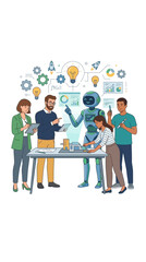 Fototapeta premium Diverse Team of Professionals Collaborating with Robot on Innovative Project Analysis