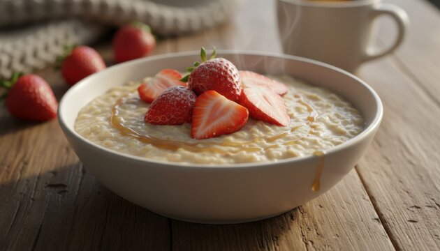 Bowl of hot creamy porridge topped with fresh sliced strawberries and a drizzle of honey on a rustic wooden table