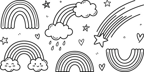 Cute rainbow and cloud vector line art icon set featuring sky stars shooting star rain and hearts © Sabbir Studio