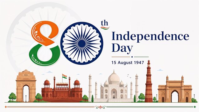 80th Independence Day of India celebration banner, national monuments and landmarks with Ashoka Chakra, tricolor 15 August 1947 commemorative graphic