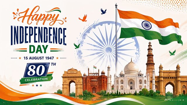 Happy Independence Day India 80th celebration banner, patriotic Indian flag with national monuments, 15 August 1947 commemorative holiday poster