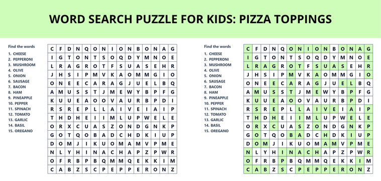 Word search puzzle for kids featuring various pizza toppings  