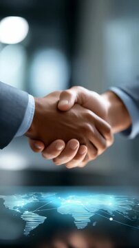 Close up of a handshake between two executives, representing trust, agreement, and teamwork. Futuristic digital interface suggests innovation and worldwide business opportunities