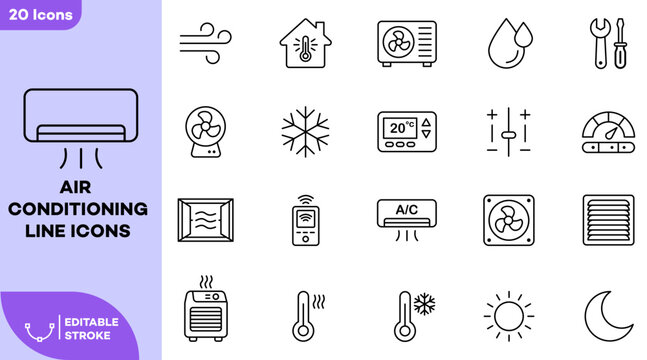 Air conditioning and HVAC climate control line icon set. Thermometer, ventilator, containing fan, air conditioner, cooling appliance, cooling fan, climate control, heating, Editable stroke.