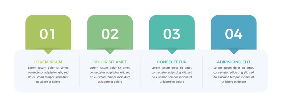Horizontal infographic template featuring a sequential process layout with four numbered rounded squares
