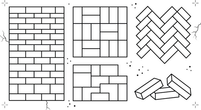Brick wall and paving pattern vector line art icon set featuring herringbone parquet block and tile textures