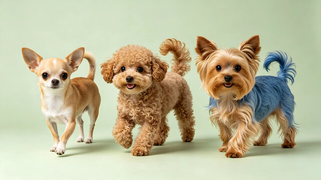 Three small dogs - a Chihuahua, a toy Poodle, and a Yorkshire Terrier - standing together against a soft green studio background.
