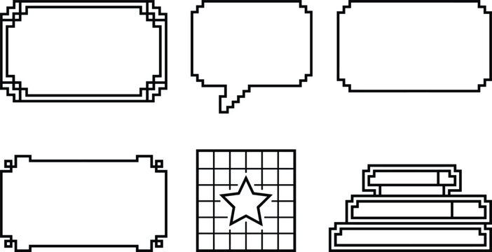 Pixel art game frame vector line art icon set featuring retro borders speech bubble star grid and health bars