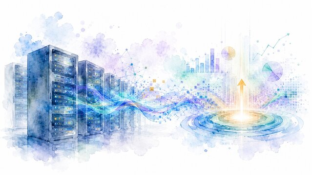 データセンターのサーバー群と光の波紋、上昇する矢印が描かれた高速データ処理の概念