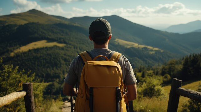Summit Serenity: A lone hiker with a vibrant yellow backpack pauses on a wooden path, gazing out at the breathtaking panorama of rolling green mountains under a clear blue sky.