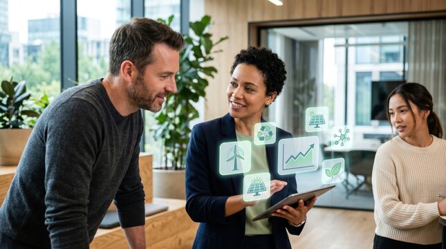 Diverse business team discussing sustainability icons projected from tablet including solar panel, wind turbine, recycle symbol, leaf, molecule structure