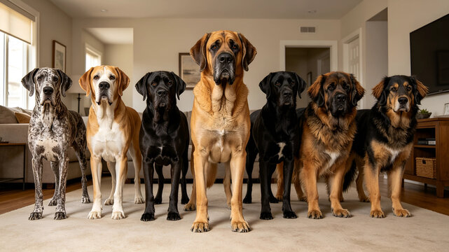 Seven large, majestic dogs of different breeds stand together in a well-lit living room, showcasing their impressive size and calm demeanor.