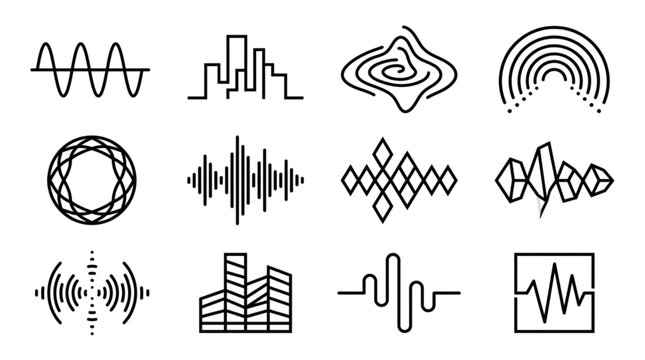 Collection of abstract sound wave and audio signal graphics.