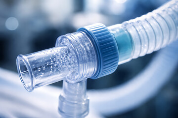 Obraz premium Close-up of transparent medical breathing tube connector with condensation in a clinical environment