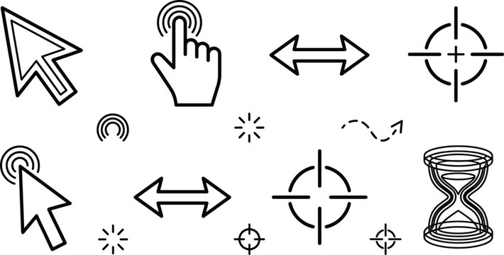 Computer mouse cursor and UI navigation vector line art icon set featuring hand click arrows and crosshair target