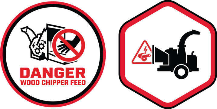 Danger Wood Chipper Feed Sign and Machinery Safety Warning Vector Icons Set