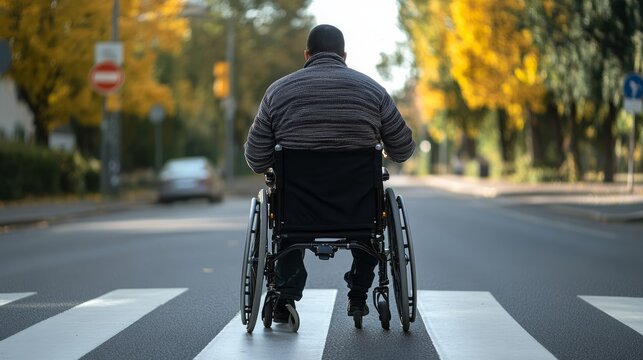 Navigating Independence: A person in a wheelchair crosses a street at a zebra crossing, surrounded by autumn trees, symbolizing resilience and the journey towards accessibility.