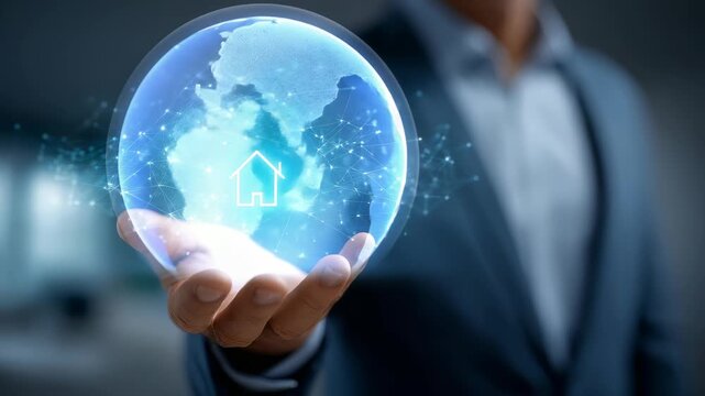 A man in a suit holds a glowing digital house icon surrounded by a network of virtual connections, representing smart home solutions. Futuristic real estate and technology integration