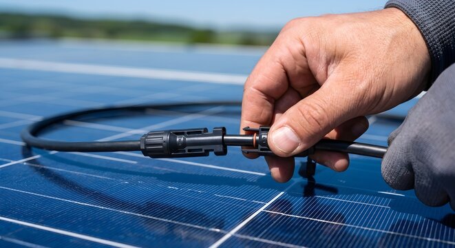 Close up of Hand Connecting MC4 DC Connector Cable on Blue Solar Panel