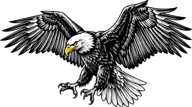 Detailed black and white sketch of a bald eagle in mid-flight with outstretched wings and sharp talons visible.	