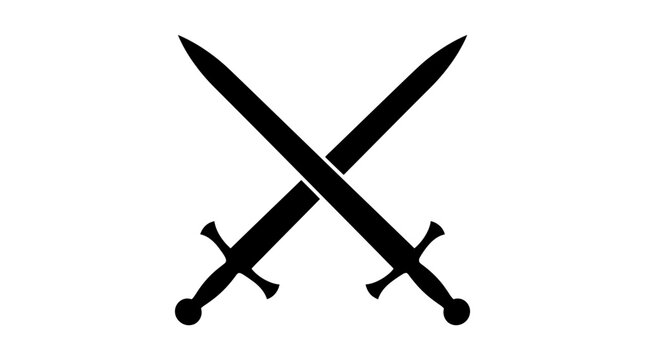 Two sharp steel broadswords crossed in an X shape against a plain white background in a clean, high-contrast composition.	