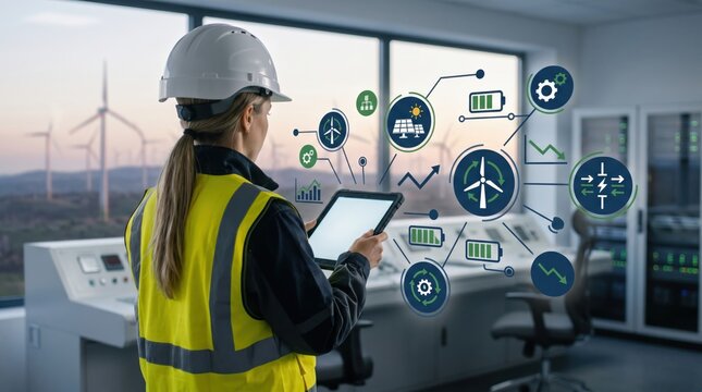 Female engineer in hard hat and safety vest using tablet to monitor renewable energy systems with wind turbines visible through control room window