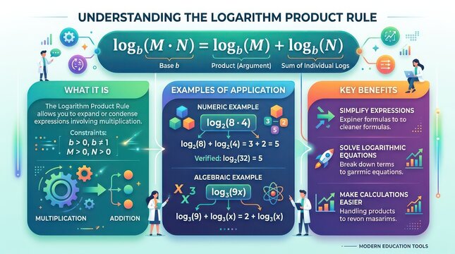 Logarithm product rule infographic for math students showing formulas and usage examples.