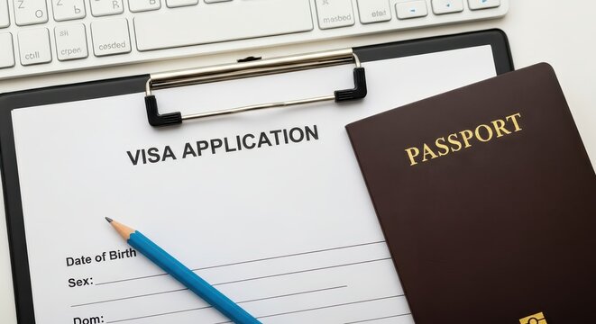 Visa Application Form on Clipboard with Passport and Pencil on Desk - International Travel and Immigration Concept