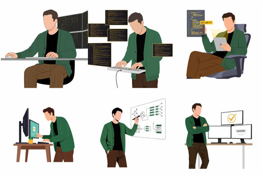 Flat Vector Illustration Set of a Professional Software Developer and Programmer Working on Coding, System Analysis, and Cybersecurity