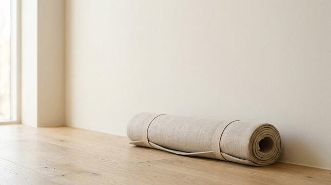 Minimalist rolled up beige yoga mat on wooden floor in empty bright room with copy space