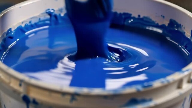 paint brush dipping into blue paint bucket, thick liquid surface with smooth texture, close-up of painting process, home renovation concept, tool preparing for wall painting and interior work