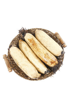 Fresh Lotus Roots from Honghu Lake in Traditional Wicker Basket Studio Shot