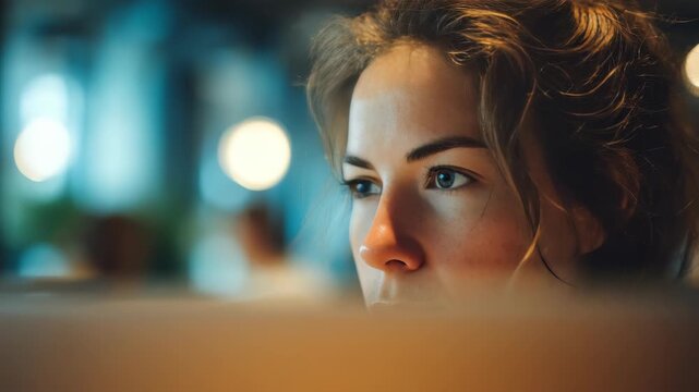Close up portrait of a thoughtful woman working intently on her laptop in a contemporary office. Soft lighting and bokeh create a calm, productive atmosphere for creative tasks