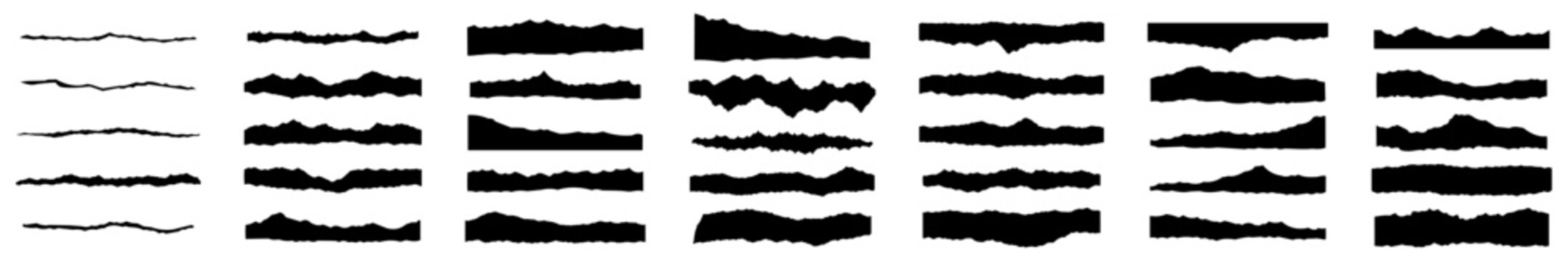 Black torn paper edges silhouette vector collection, ripped rough texture borders with jagged uneven shapes in various forms. Distressed grunge overlay design element graphic set