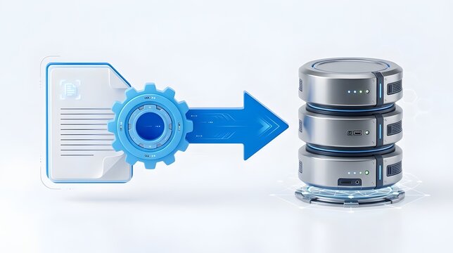 3D render of digital document and gear transferring data to server database representing document management system and cloud storage
