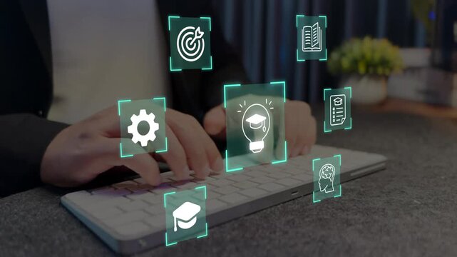 Online education and digital learning concept. Education icons such as diploma, brain, and target, ideal for e-learning platforms, digital skill development.