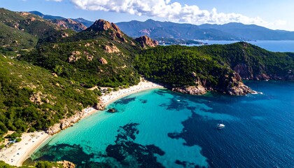 Fototapeta premium Turquoise cove with white beach and rugged green hills