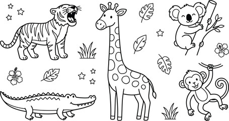 Cute jungle safari animals vector line art icon set featuring giraffe tiger alligator koala and swinging monkey © Sabbir Studio