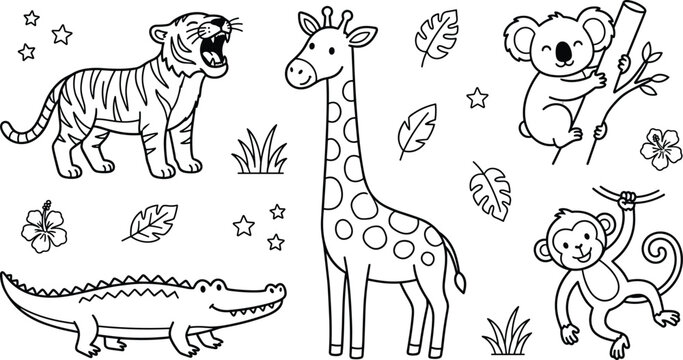 Cute jungle safari animals vector line art icon set featuring giraffe tiger alligator koala and swinging monkey