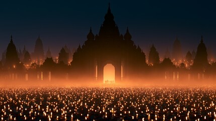 Obraz premium Ancient Temple Illuminated by Thousands of Floating Candles